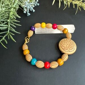 Wood‎ Bead Bracelet | Carved Medallion Charm | Colorful Boho